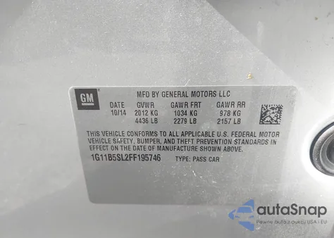 2015 Chevrolet Malibu Ls из США, поврежденный, VIN 1G11B5SL2FF195746